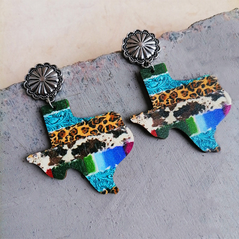 Wholesale 2 pairs/pack American Texas Western Style Aztec Colorful Leopard Print Pumpkin Flower Wooden Alloy Earrings